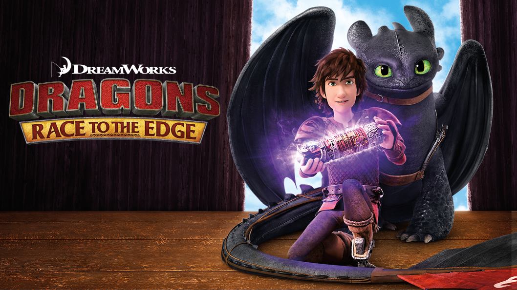 A boy standing in front of a dark grey dragon holding a cylinder object with a glowing purple light.