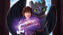 A boy standing in front of a dark grey dragon holding a cylinder object with a glowing purple light.