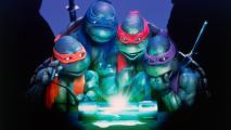 Four superhero turtles huddles together looking at a glowing object.