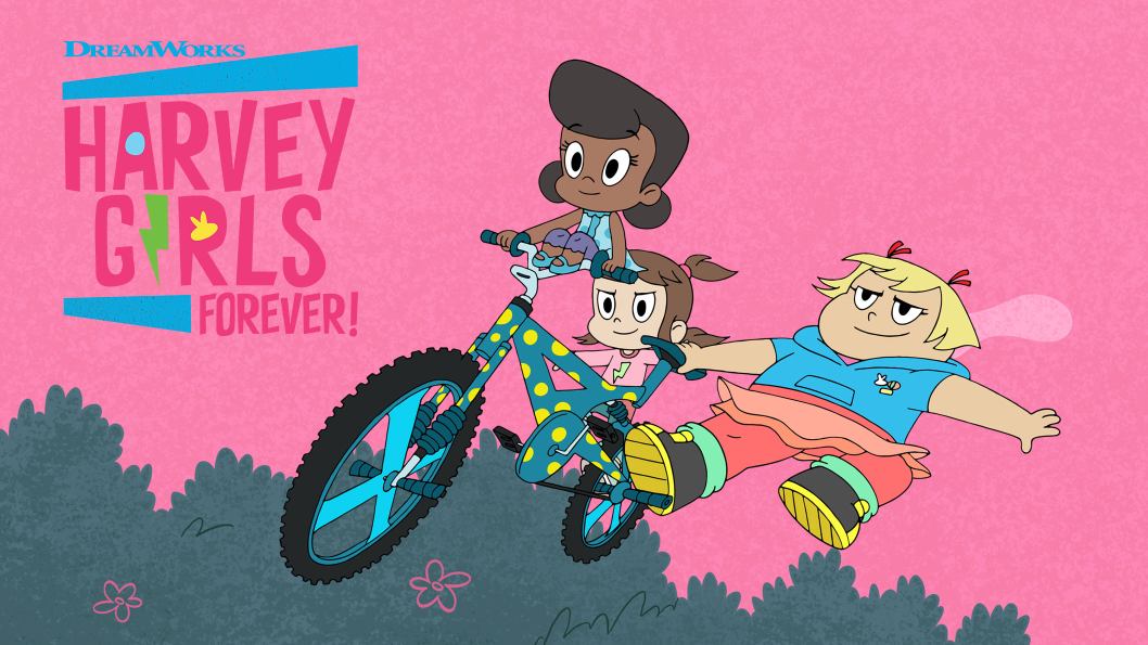 Three characters on a bicycle flying through the air, with a large logo that says, Harvey Girls Forever.