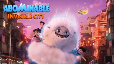 A white fluffy creature flying though the air on a white cloud through a city.