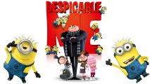 A bunch of cute, yellow characters climbing all over a Despicable Me logo. There is a tall male charaacter standing in front of the logo with two kids beside him. At the very front there are two yellow characters peeking from the sides.