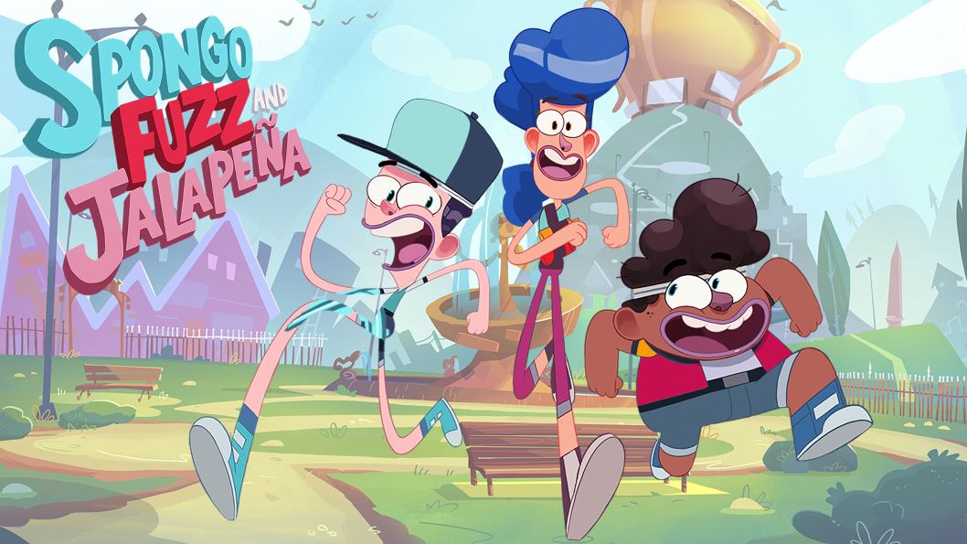 A lanky girl with blue hair, a lanky boy wearing a baseball hat and a short, stubby boy running away from something through a park.