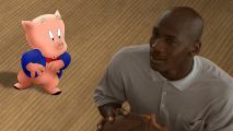 A man holding a basketball in his hands beside a cartoon pig character.