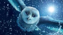 A white owl flying through a snowstorm.
